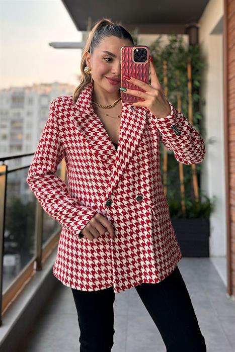 Aoron Kazayağı Desenli Blazer Ceket - Kırmızı