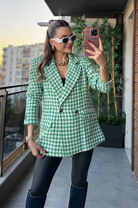 Aoron Kazayağı Desenli Blazer Ceket - Yeşil