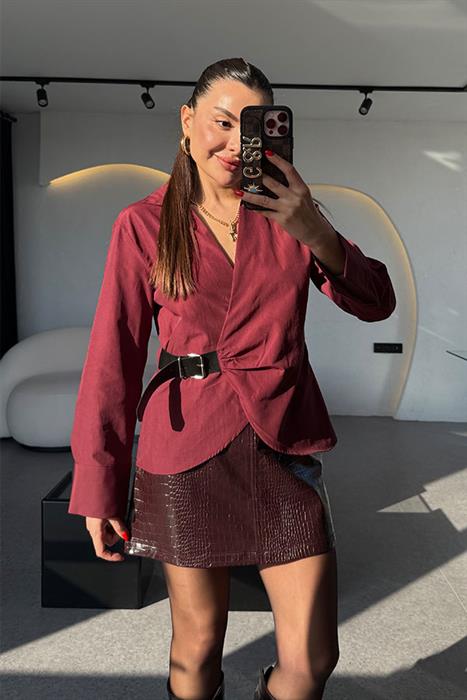 Aprenda Bordo Beli Kemerli Gömlek 