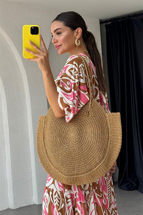 April Pembe Geçişli Karışık  Desen Elbise