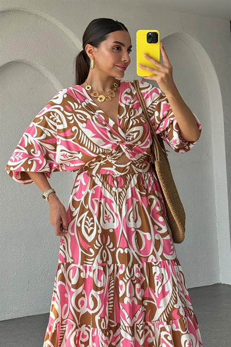 April Pembe Geçişli Karışık  Desen Elbise