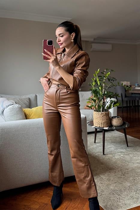 Hedy Yarım Deri Pantolon - Taba