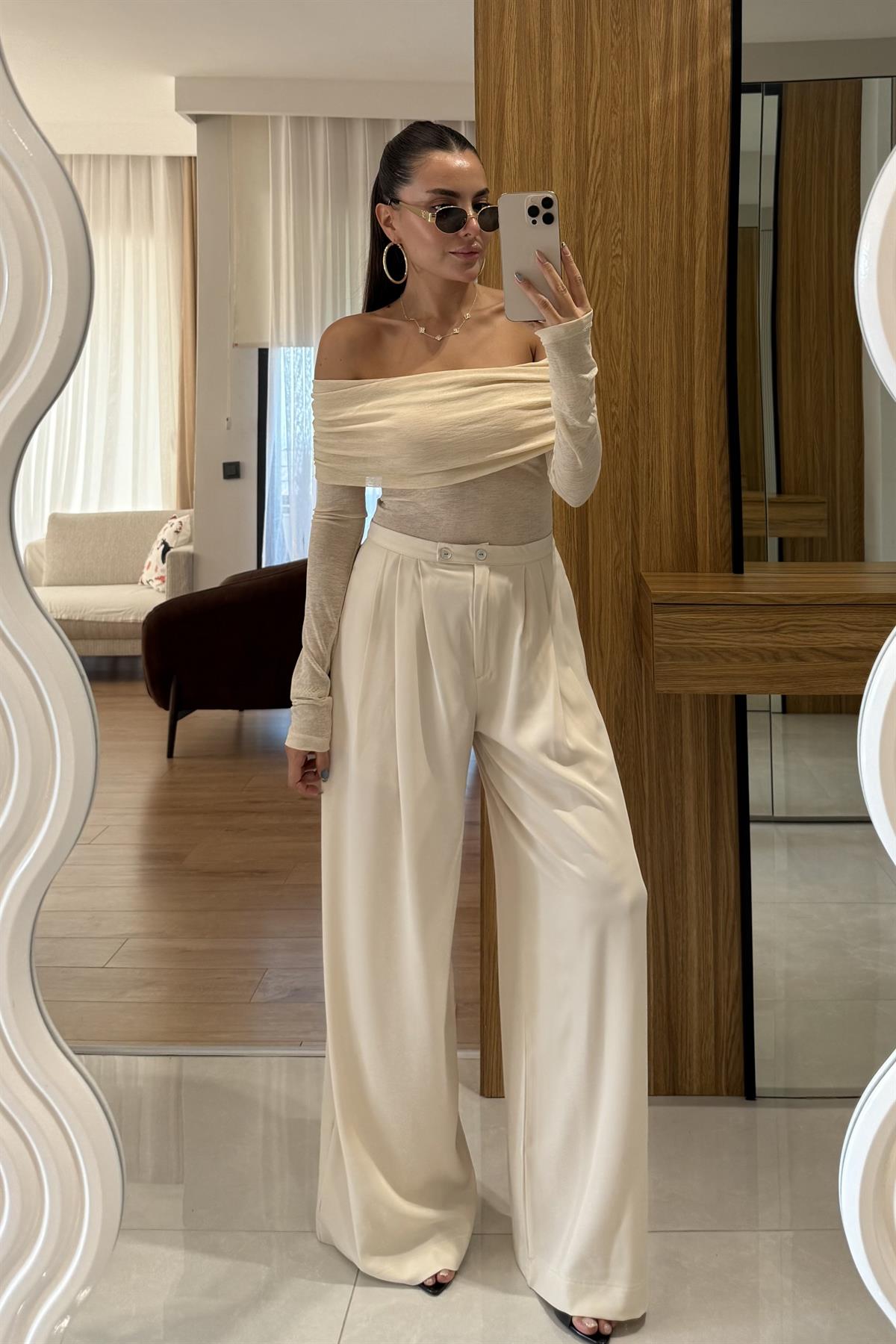 Arabella Krem Pileli Palazzo Pantolon