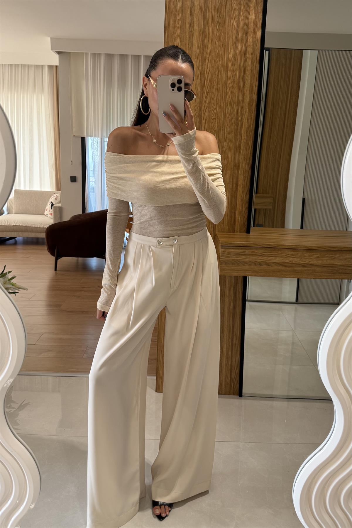 Arabella Krem Pileli Palazzo Pantolon