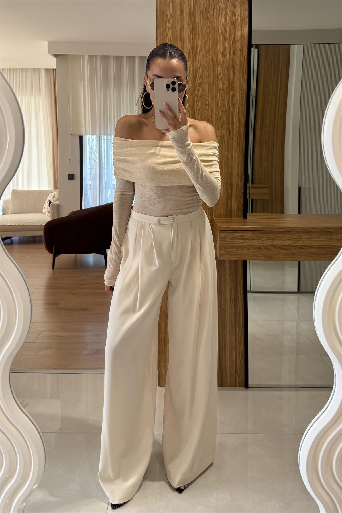 Arabella Krem Pileli Palazzo Pantolon