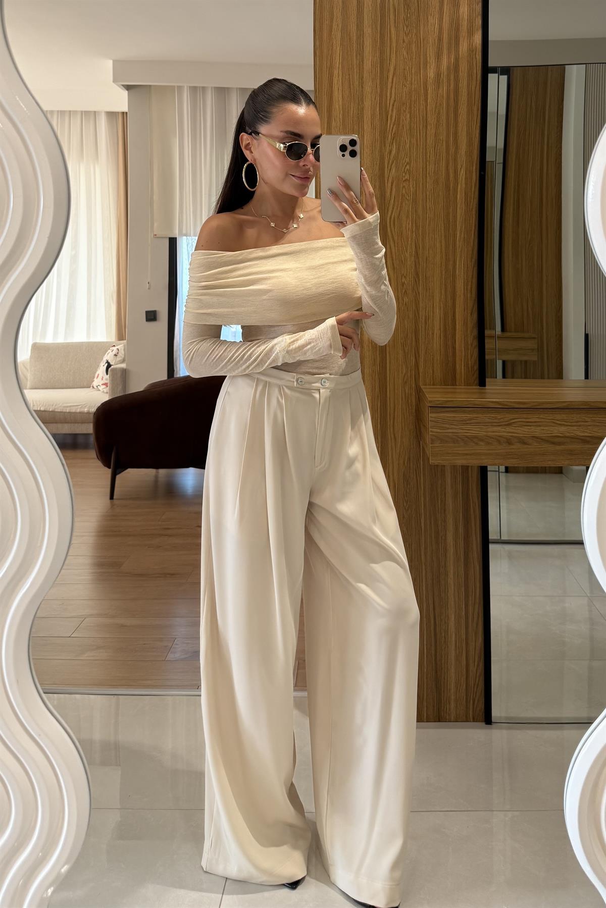 Arabella Krem Pileli Palazzo Pantolon