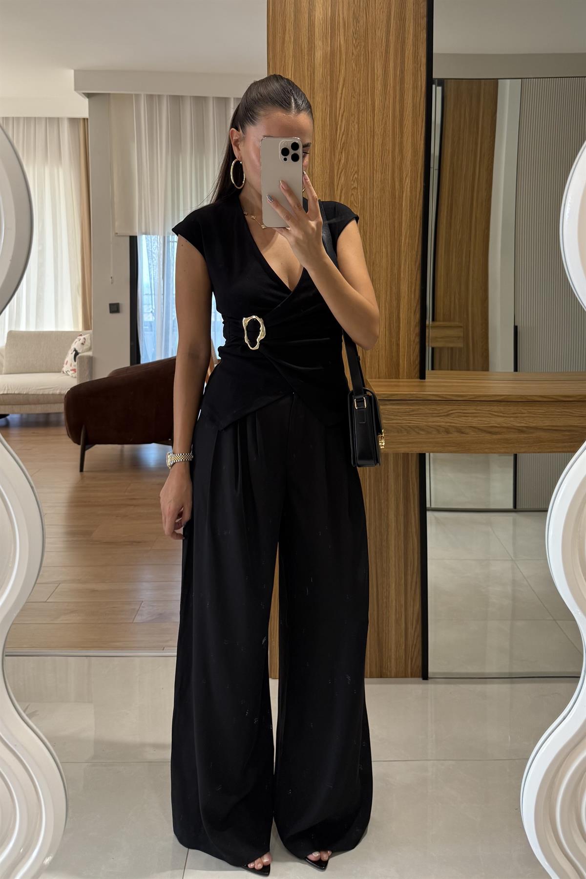 Arabella Siyah Pileli Palazzo Pantolon