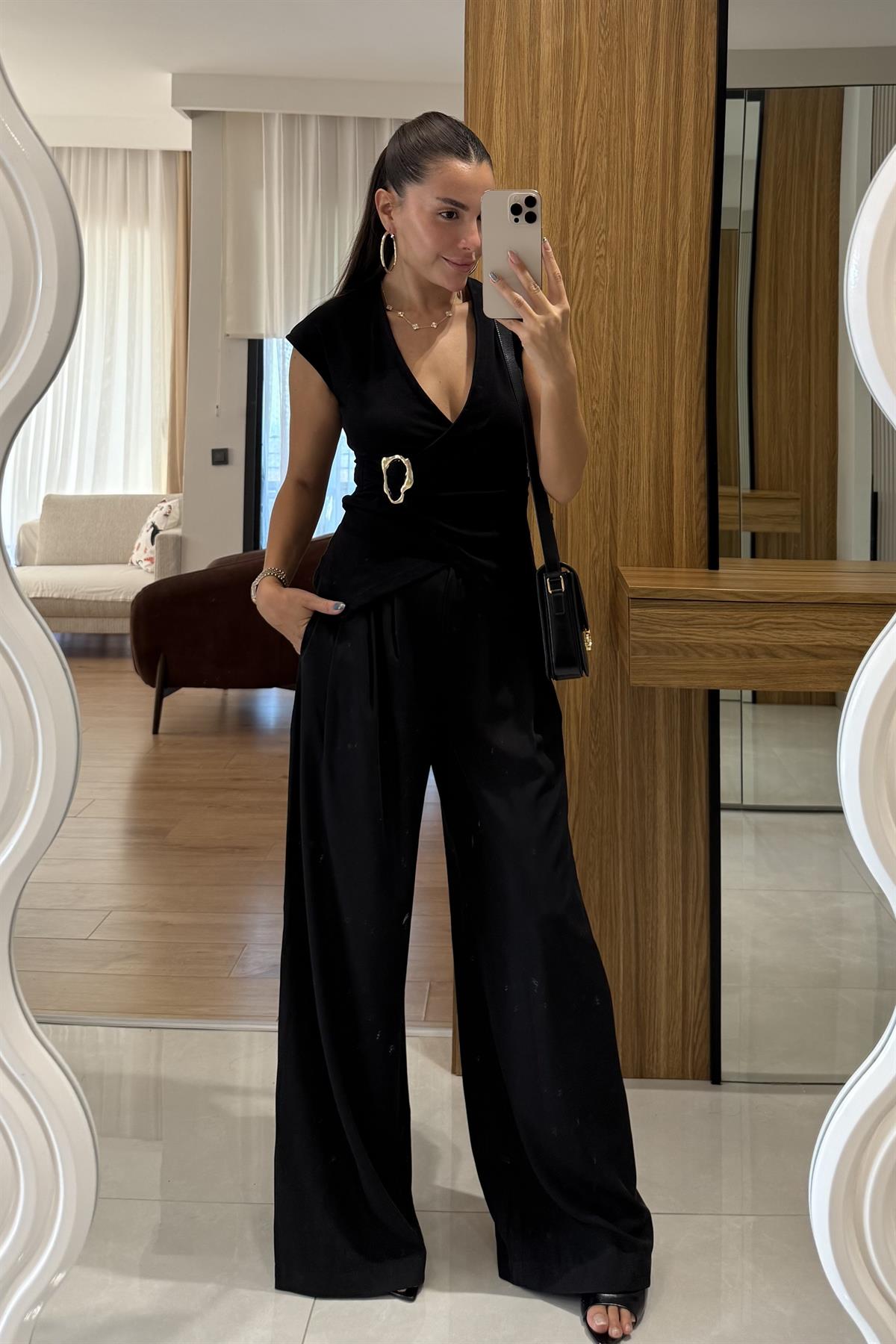 Arabella Siyah Pileli Palazzo Pantolon