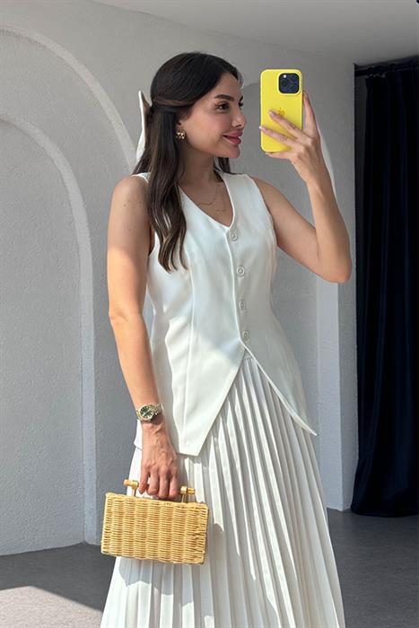 Ardea Piliseli Etekli Tasarım Takım-Beyaz