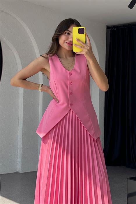 Ardea Piliseli Etekli Tasarım Takım-Pembe