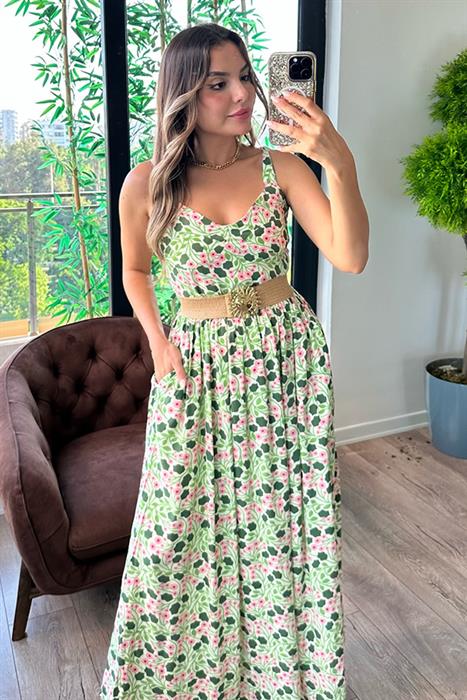 Aria kalp yaka çiçekli elbise - Green