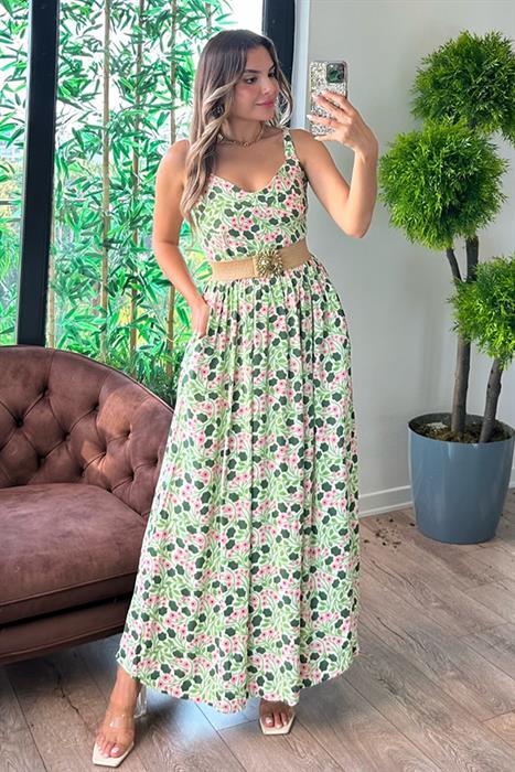 Aria kalp yaka çiçekli elbise - Green