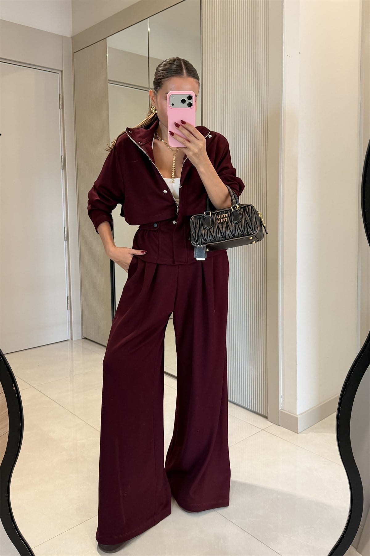 Arianna Bordo Düğme Detaylı Geniş Paça Takım
