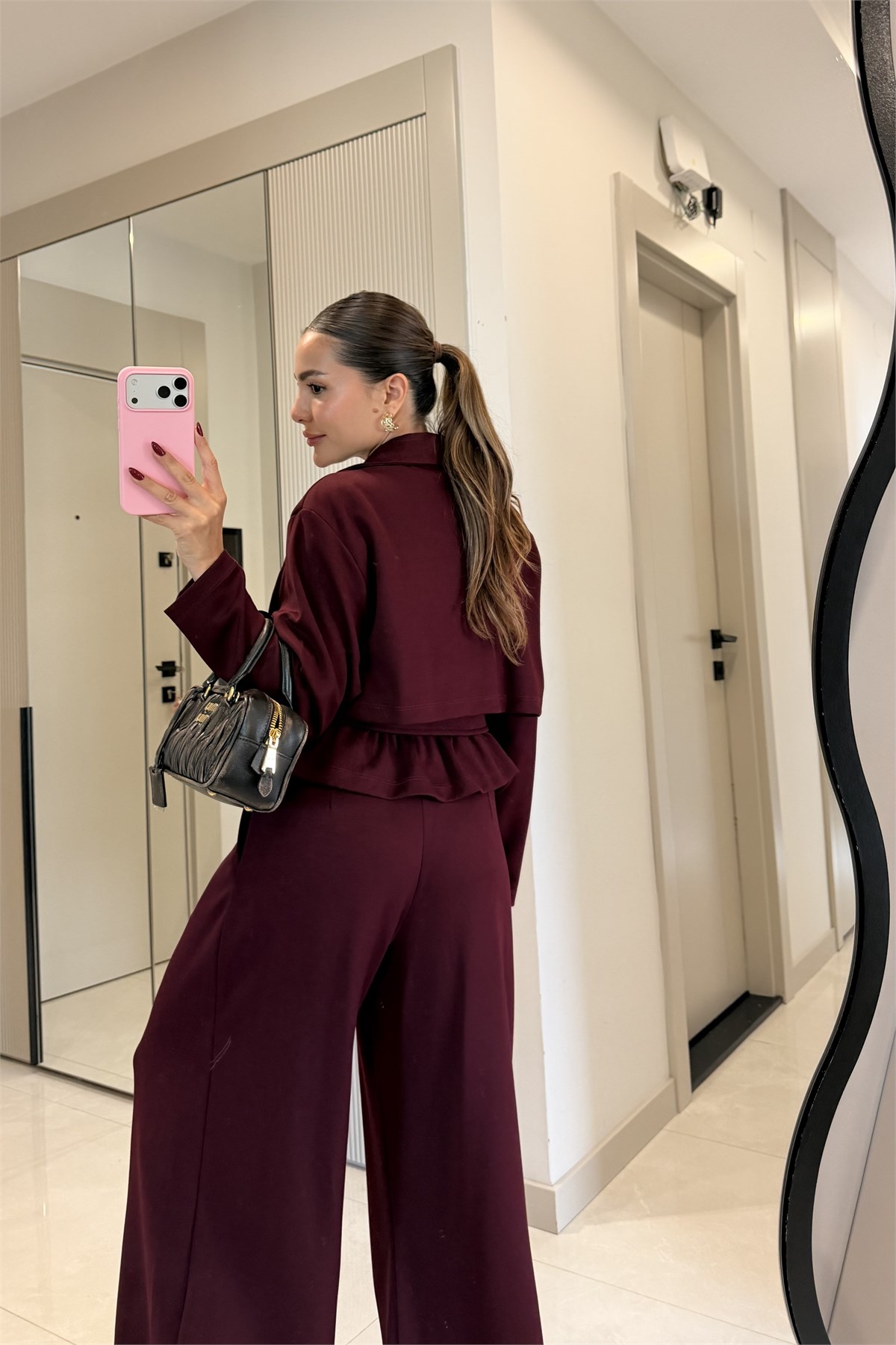 Arianna Bordo Düğme Detaylı Geniş Paça Takım