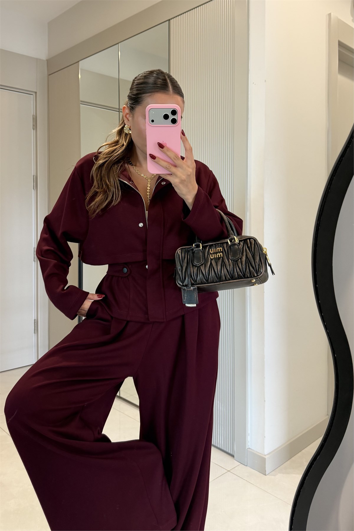 Arianna Bordo Düğme Detaylı Geniş Paça Takım