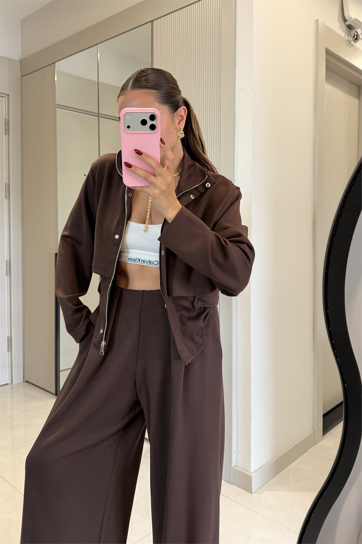 Arianna Kahve Düğme Detaylı Geniş Paça Takım