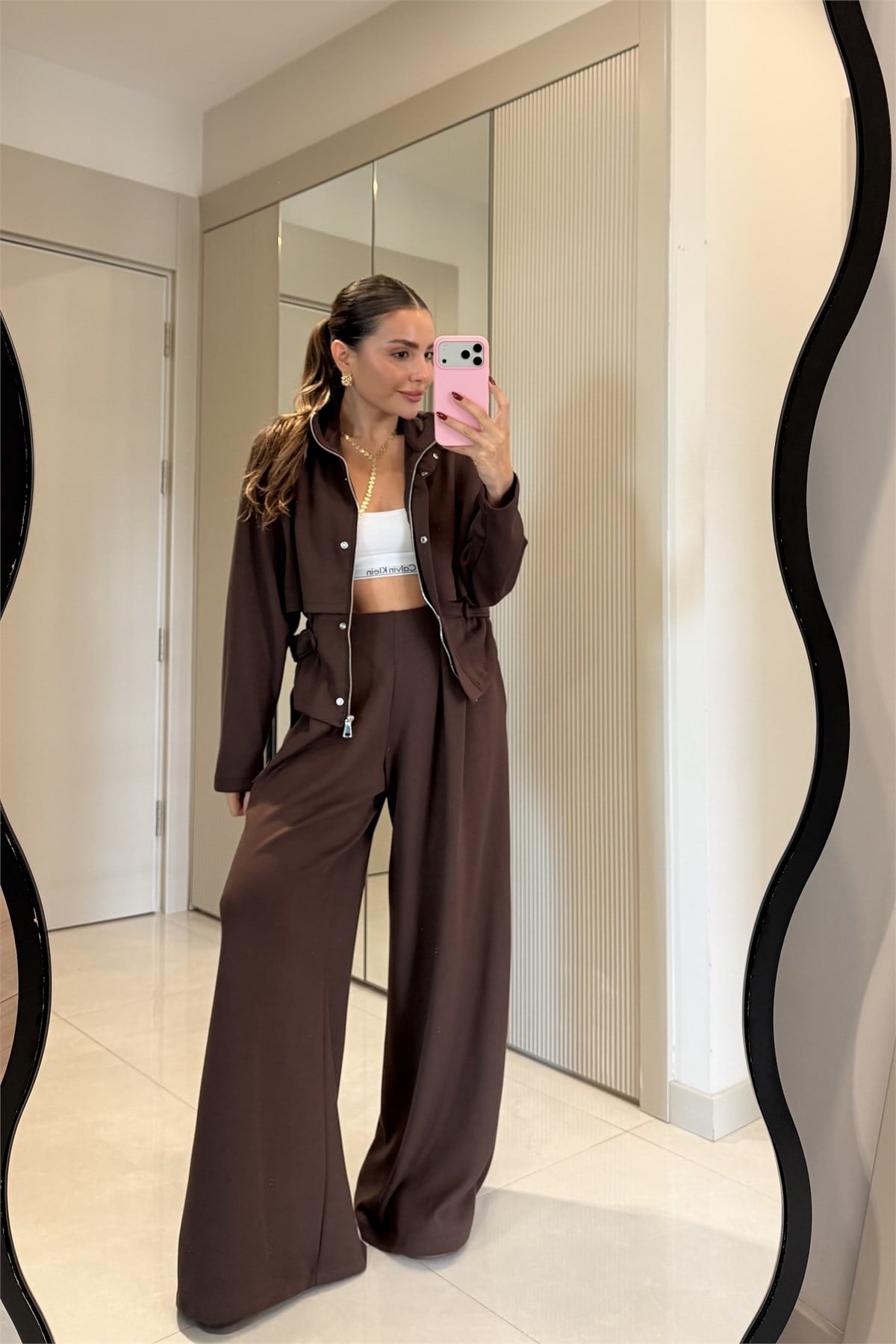 Arianna Kahve Düğme Detaylı Geniş Paça Takım