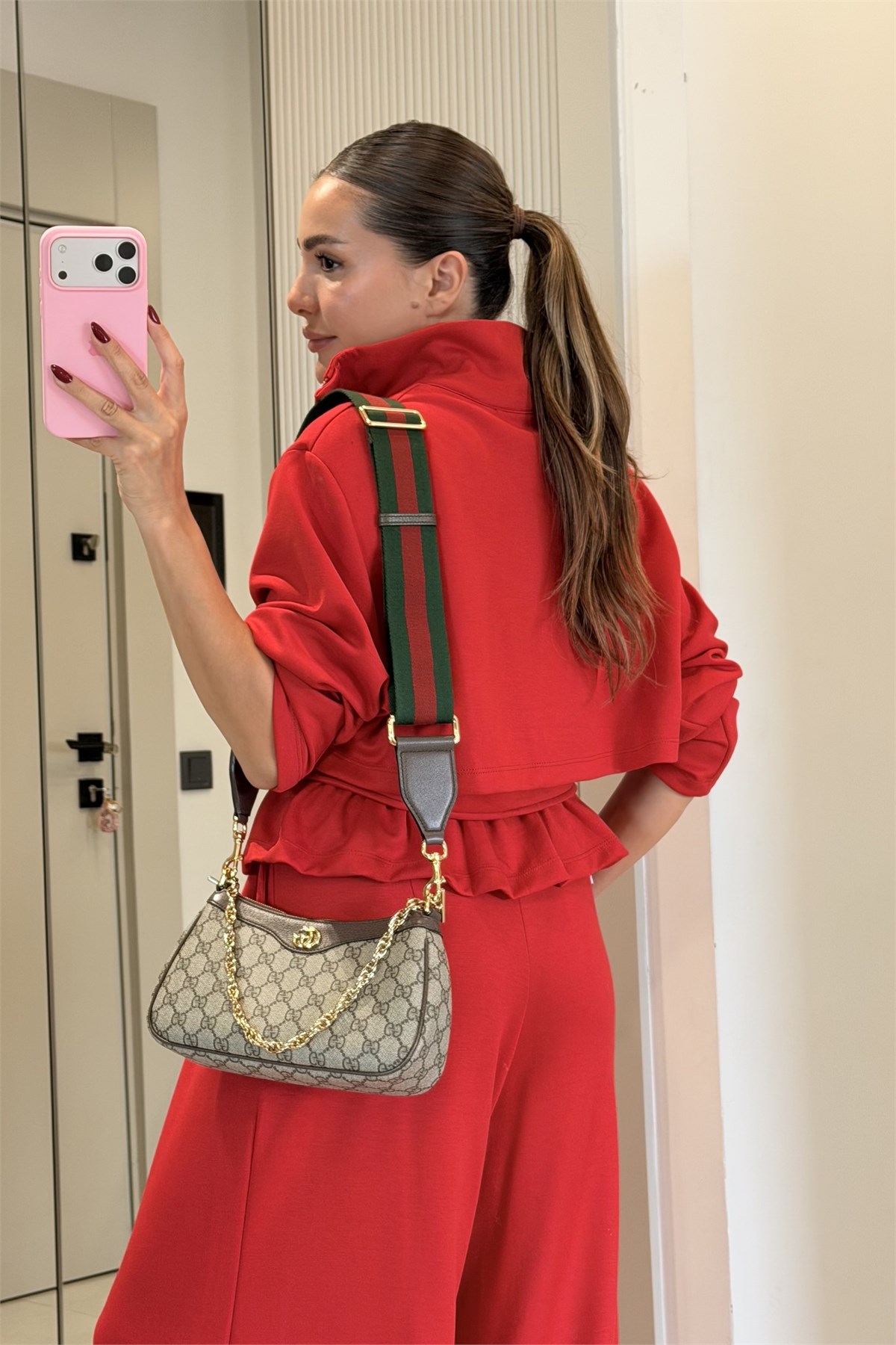 Arianna Kırmızı Düğme Detaylı Geniş Paça Takım