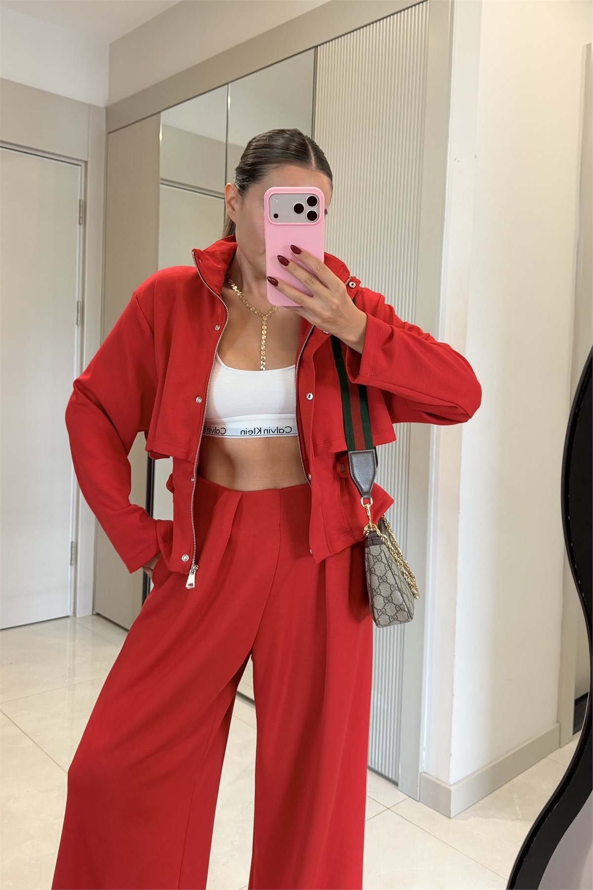 Arianna Kırmızı Düğme Detaylı Geniş Paça Takım