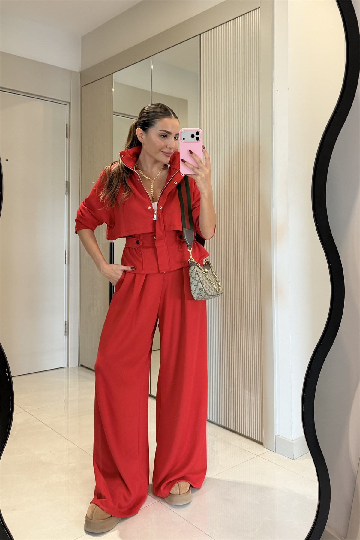 Arianna Kırmızı Düğme Detaylı Geniş Paça Takım