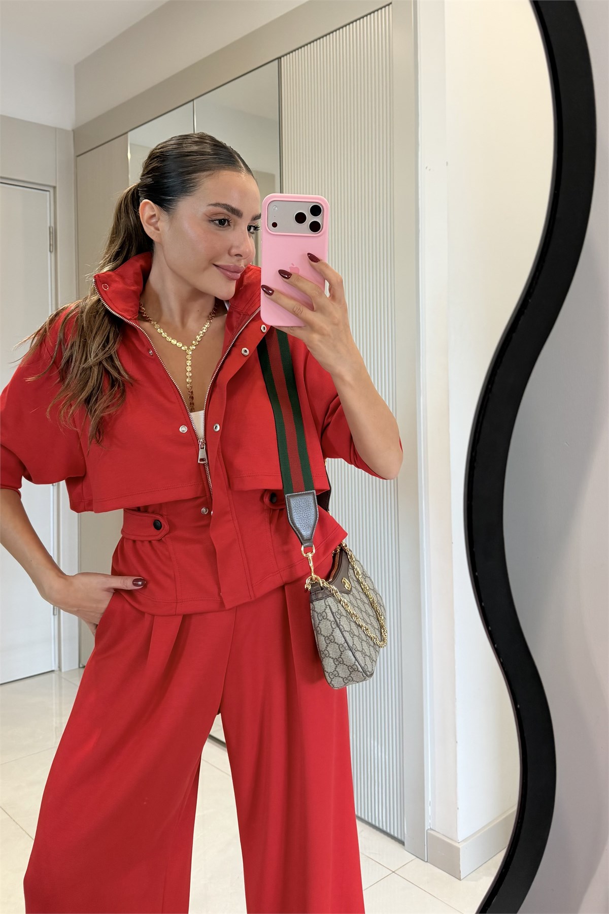 Arianna Kırmızı Düğme Detaylı Geniş Paça Takım