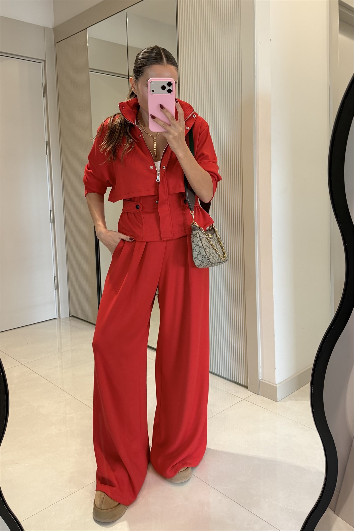 Arianna Kırmızı Düğme Detaylı Geniş Paça Takım