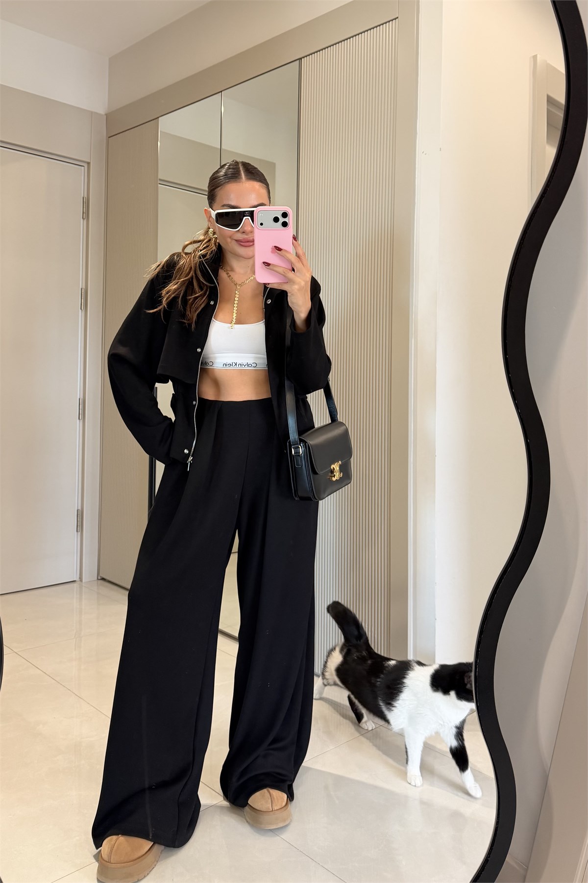 Arianna Siyah Düğme Detaylı Geniş Paça Takım