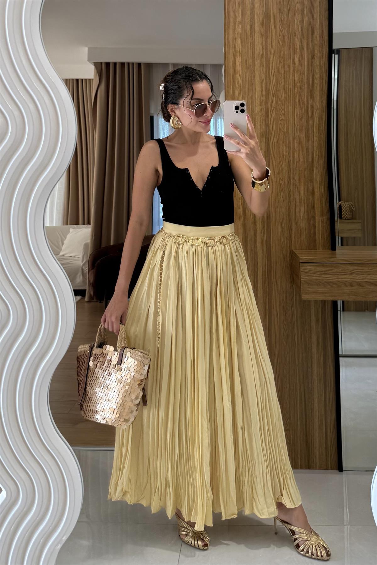 Ariella Kırışık Model Sarı Maxi Etek