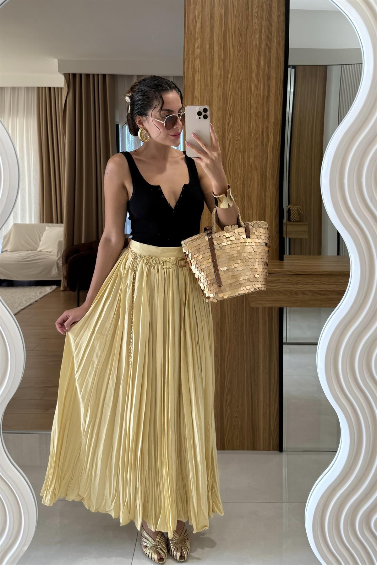 Ariella Kırışık Model Sarı Maxi Etek