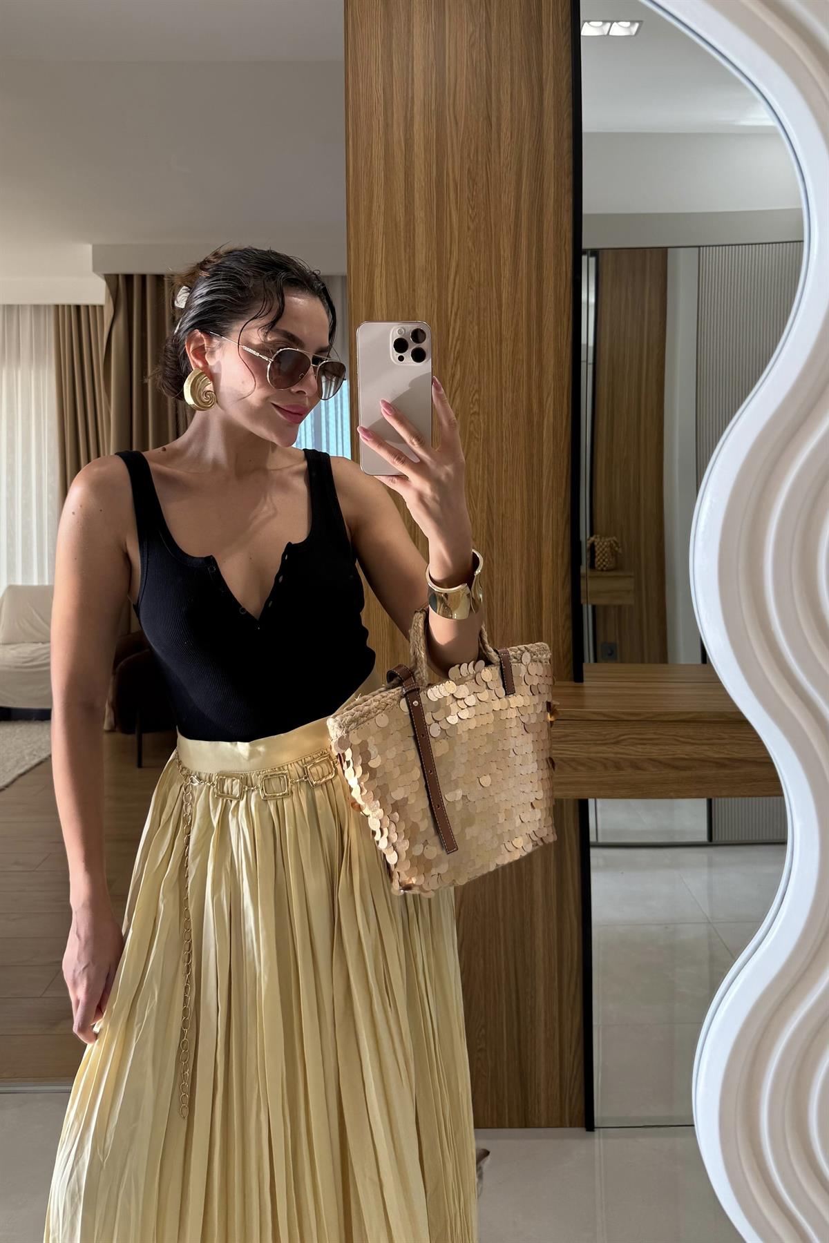 Ariella Kırışık Model Sarı Maxi Etek