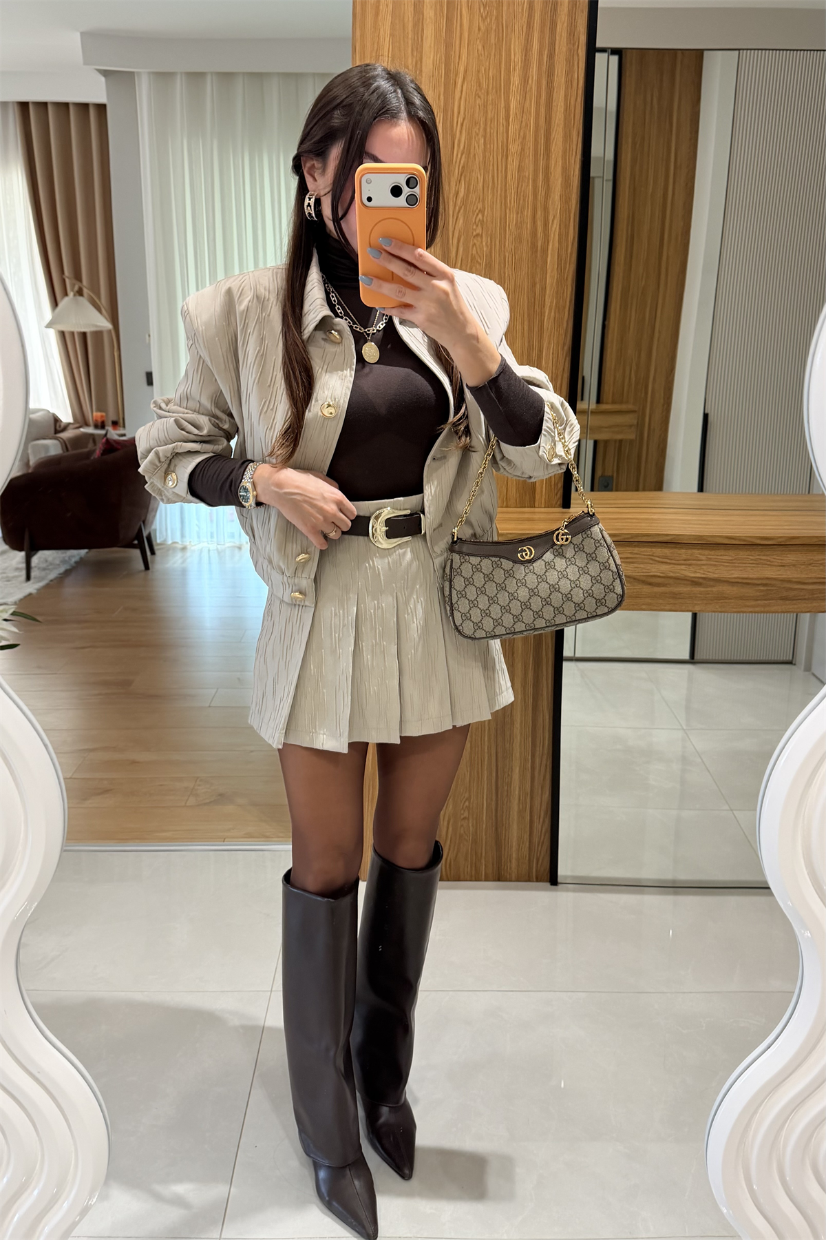 Aries Bej Kemerli Şort Etek