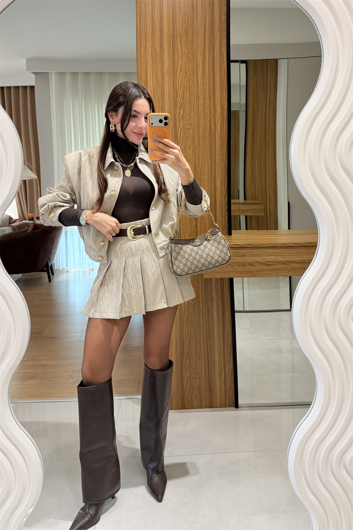 Aries Bej Kemerli Şort Etek