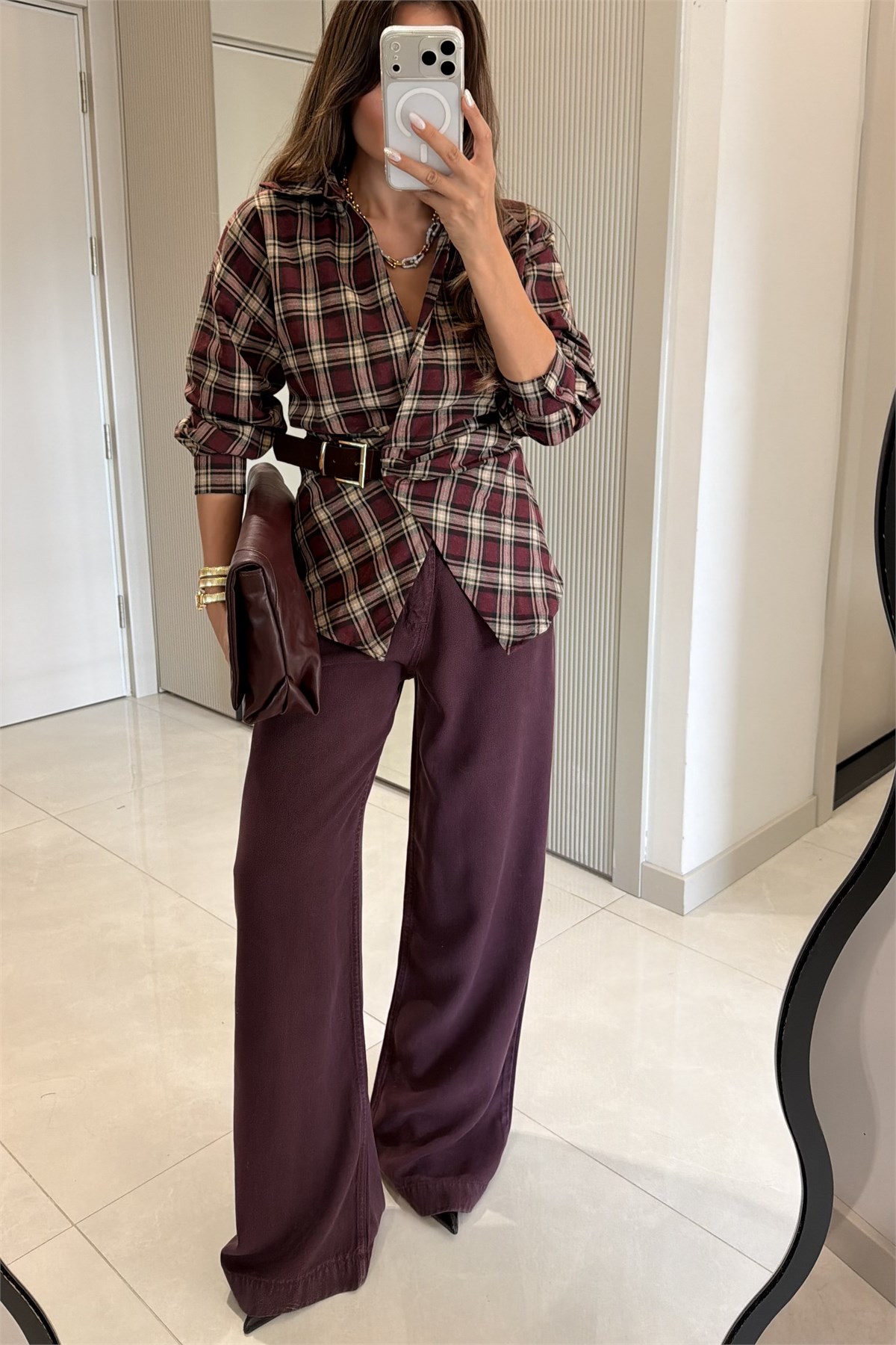 Arlene Bordo Kemer Detaylı Ekose Gömlek