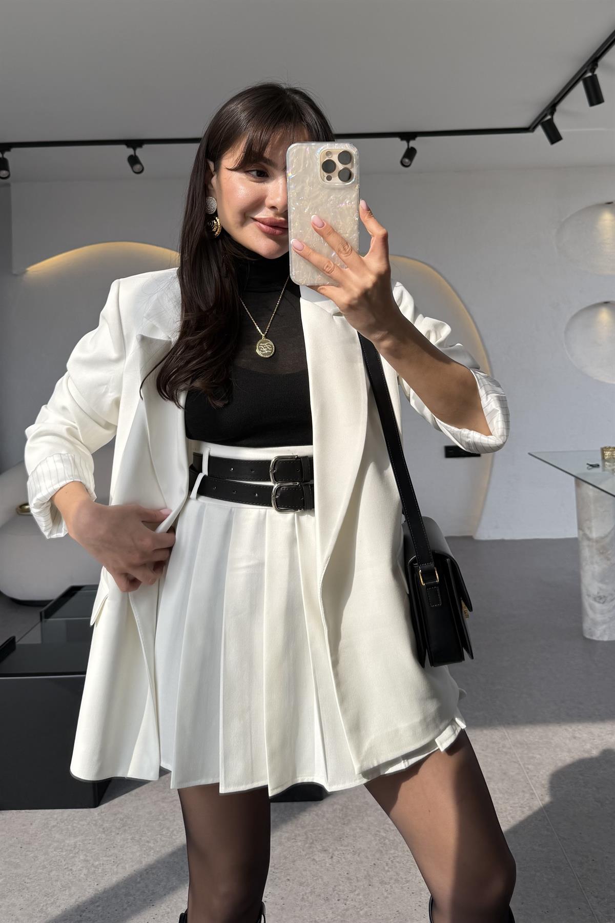 Armendo Beyaz Poliviskon Çift Kemerli Etek