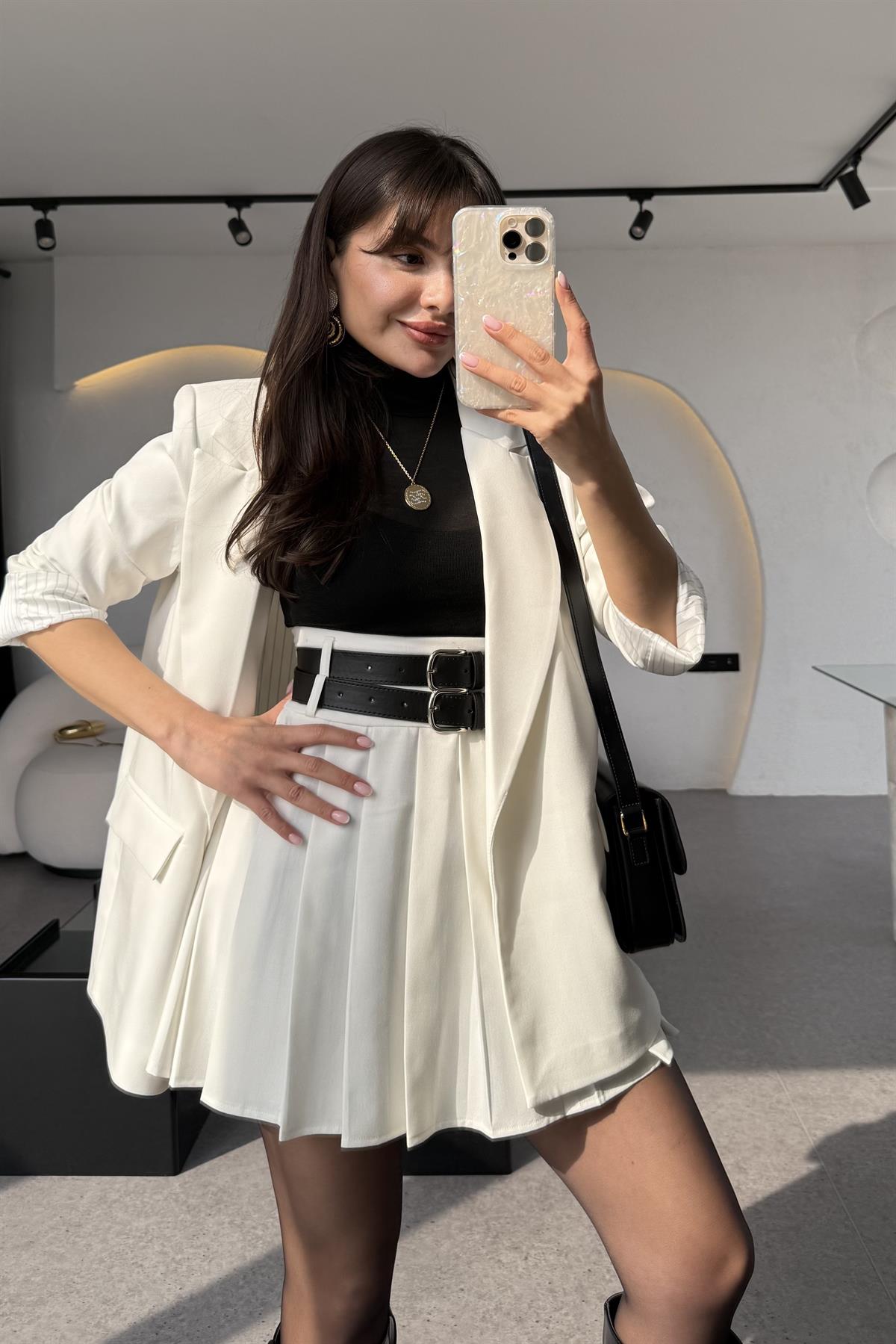 Armendo Beyaz Poliviskon Çift Kemerli Etek