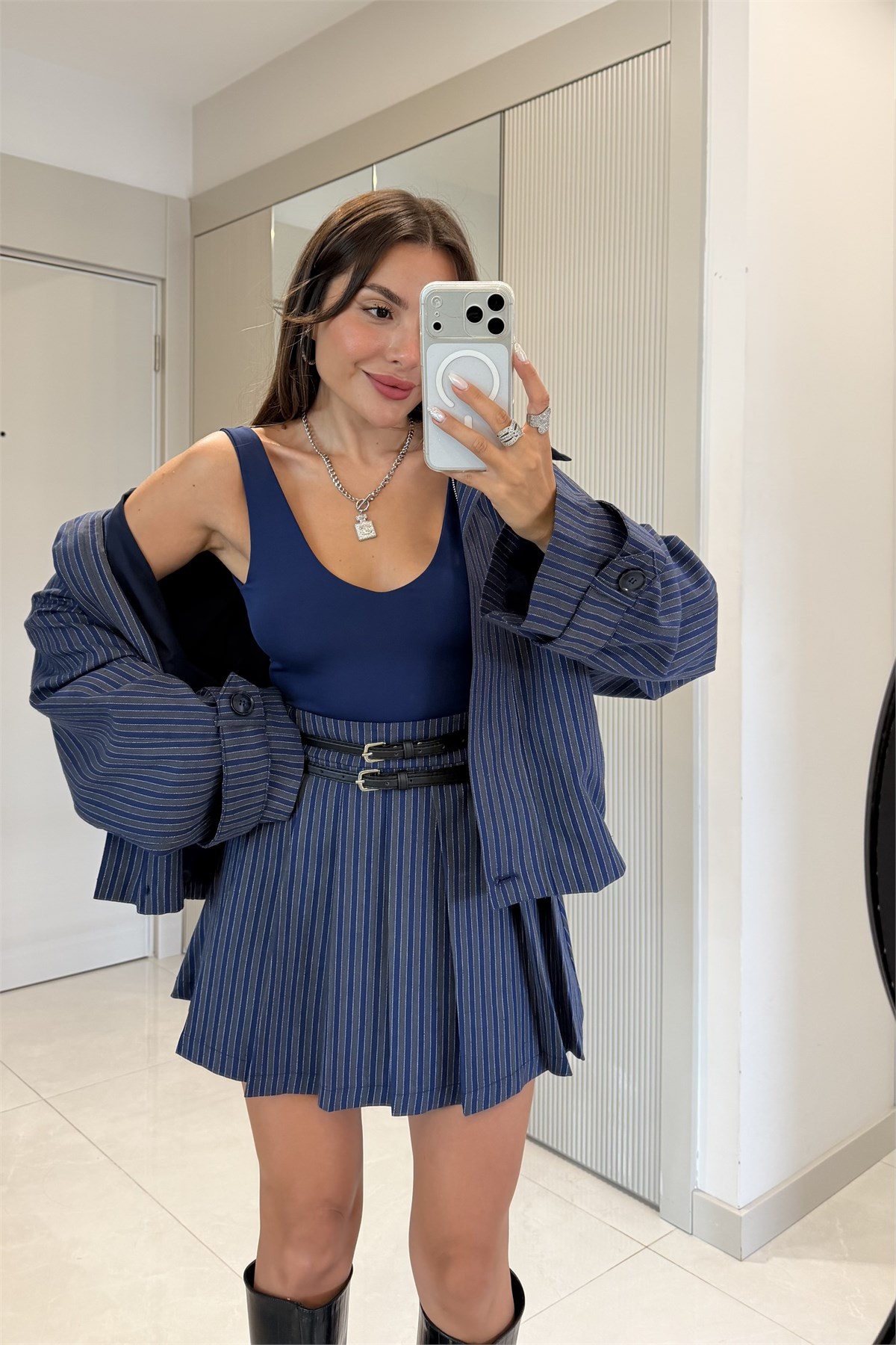 Armendo Lacivert Çizgili Oversize Ceket