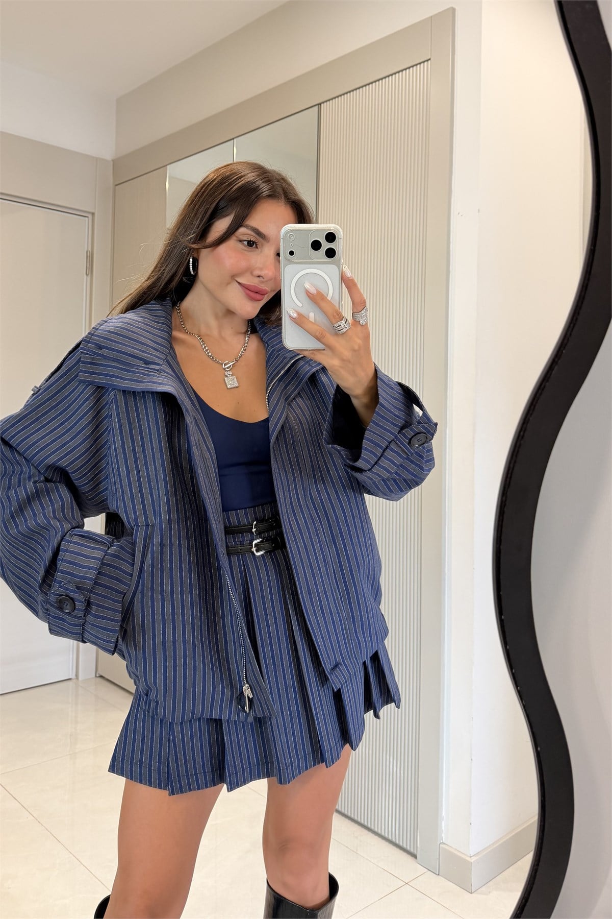 Armendo Lacivert Çizgili Oversize Ceket