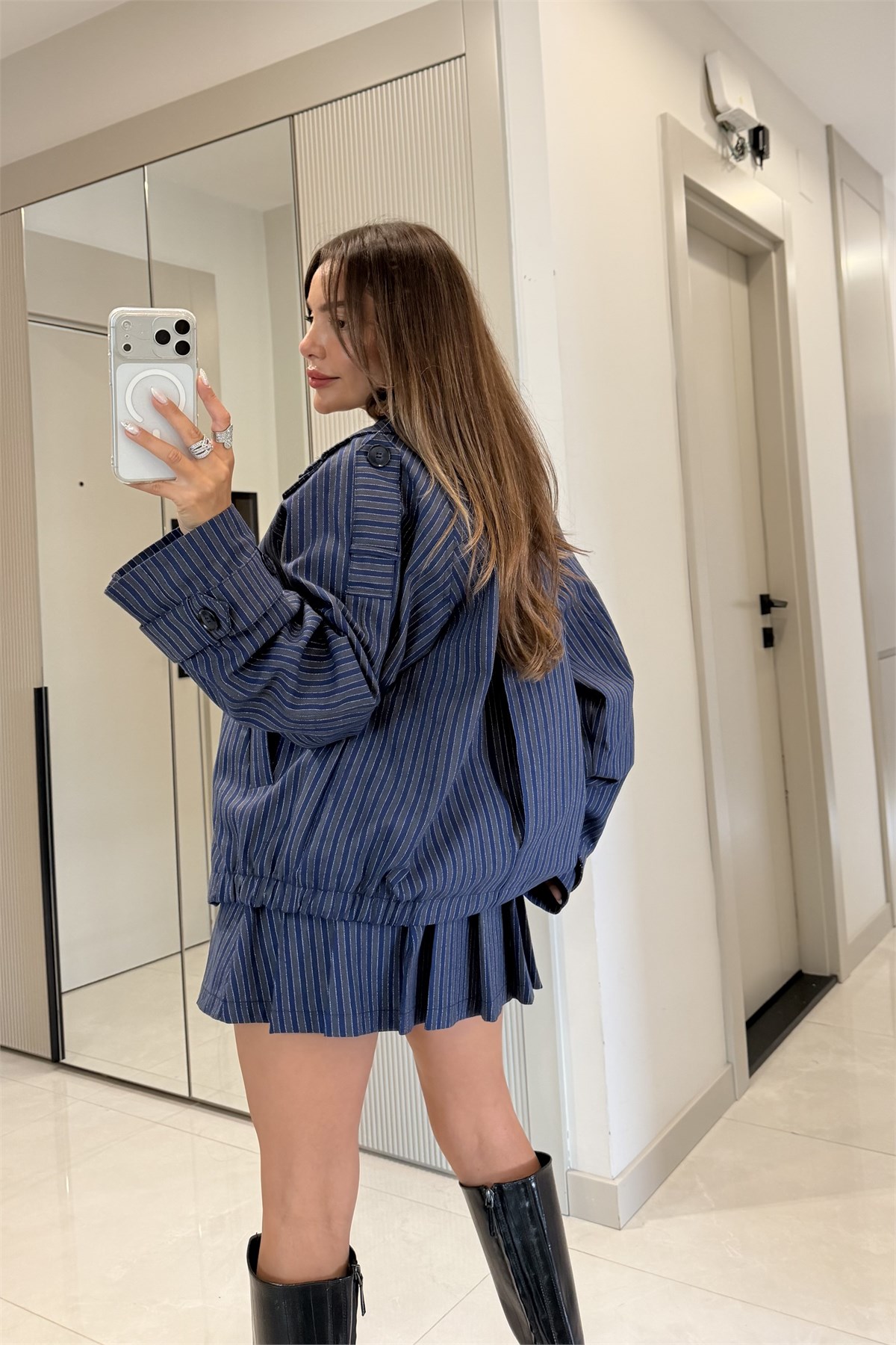 Armendo Lacivert Çizgili Oversize Ceket