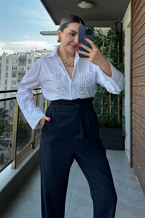 Armes Cepleri Trok Detaylı Crop Gömlek - Beyaz