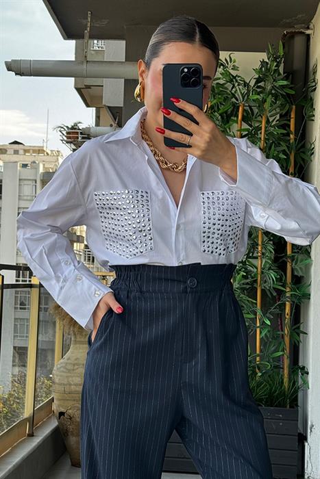 Armes Cepleri Trok Detaylı Crop Gömlek - Beyaz