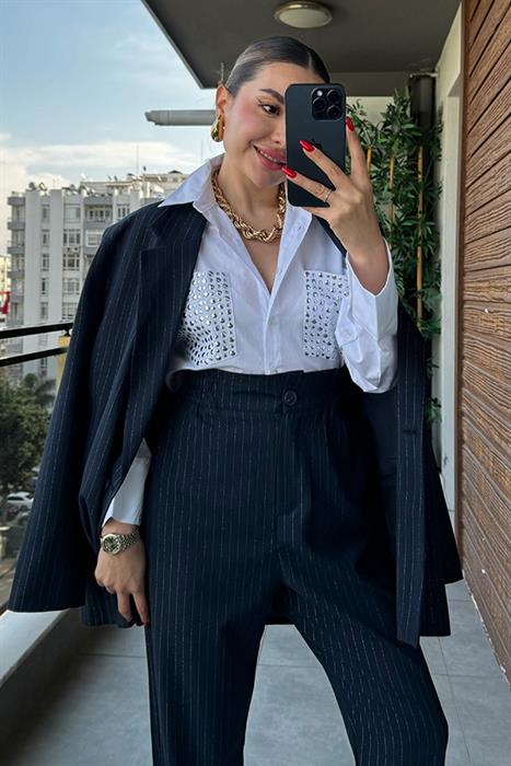 Armes Cepleri Trok Detaylı Crop Gömlek - Beyaz