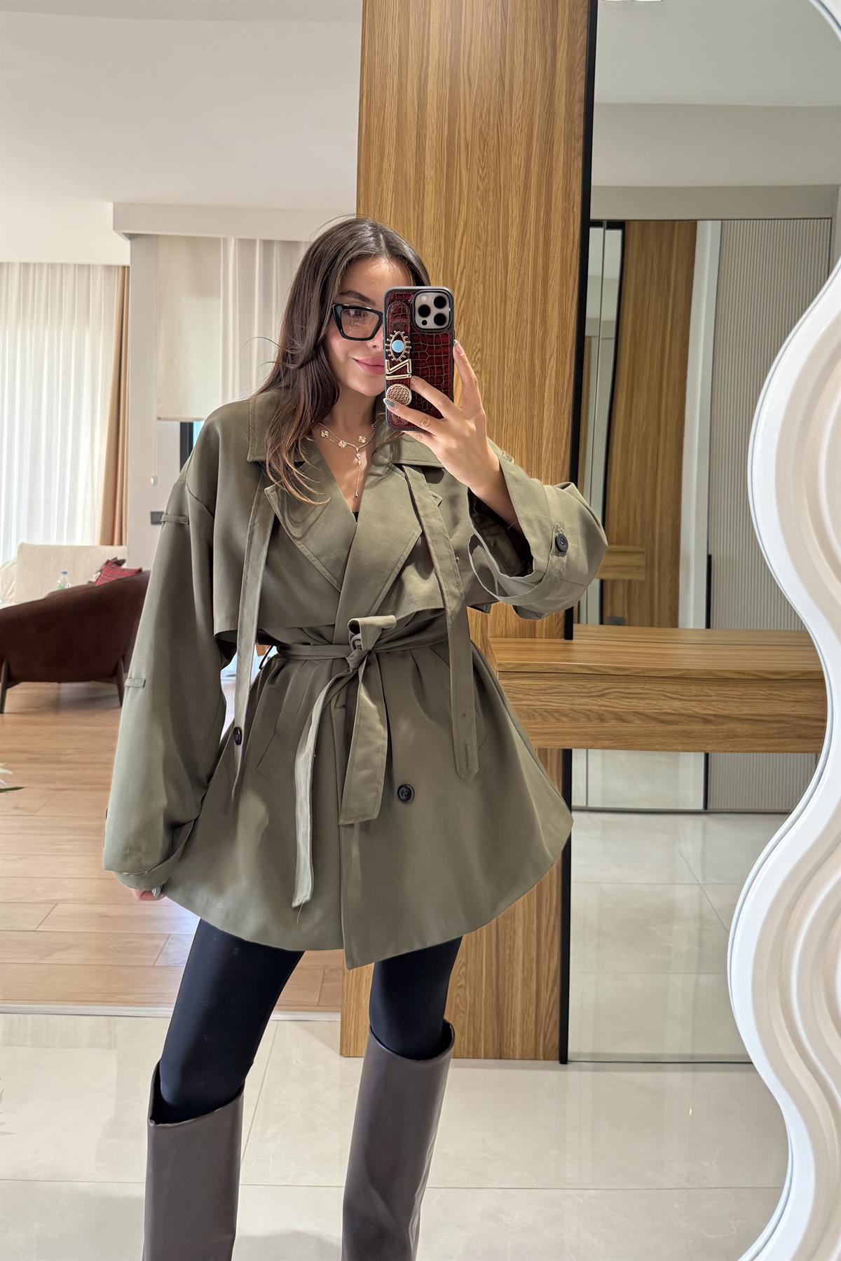 Arnous Haki Kuşaklı Trenç 