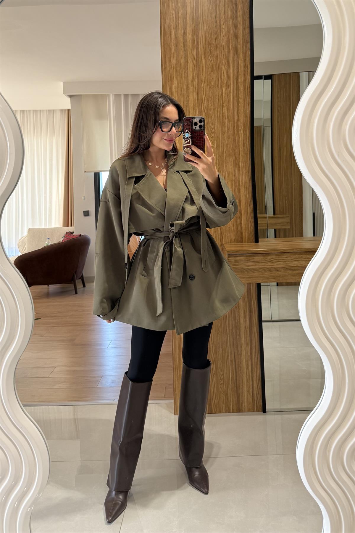 Arnous Haki Kuşaklı Trenç 