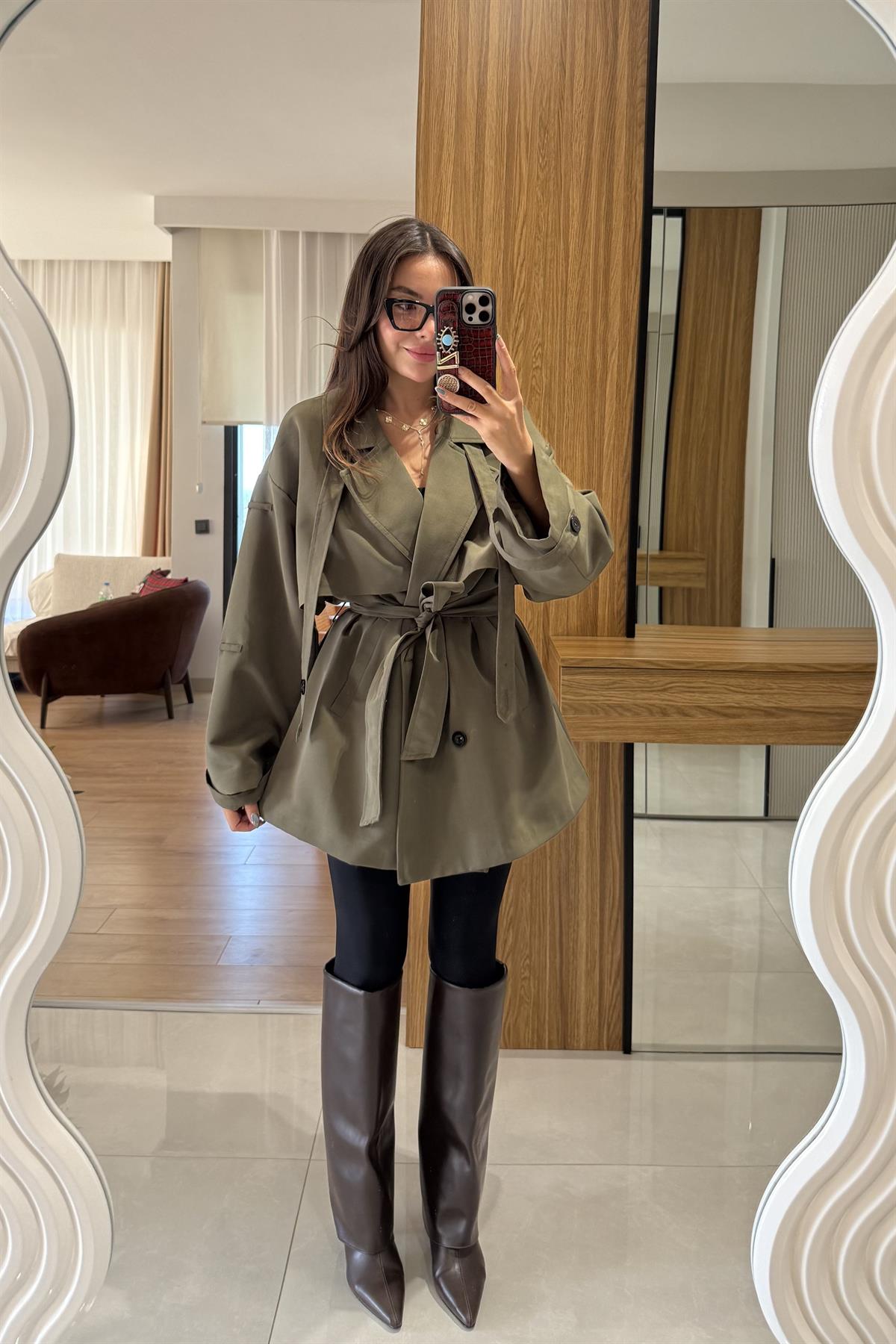 Arnous Haki Kuşaklı Trenç 