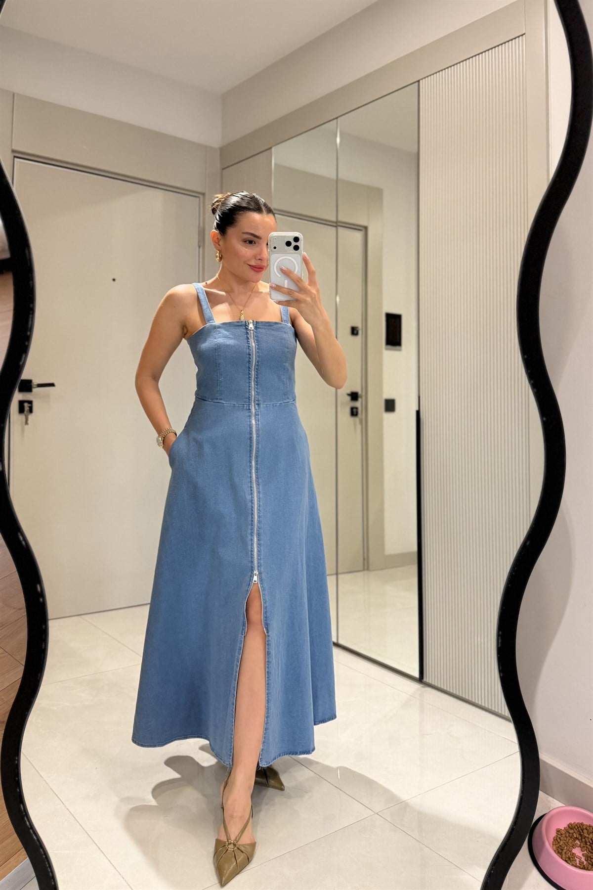 Artica Lightblue Kalın Askılı Fermuarlı Denim Elbise