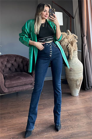 Asimetrik düğme detaylı darkblue yırtmaçlı jean