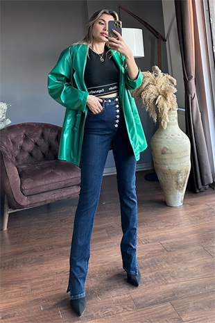 Asimetrik düğme detaylı darkblue yırtmaçlı jean