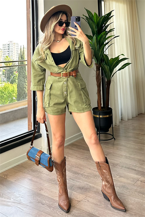 Askeri yeşil yarım kol şort tulum