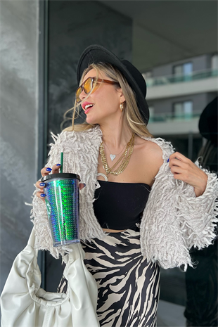 Asos krem püsküllü hırka