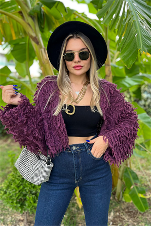 Asos mürdüm renk püsküllü hırka